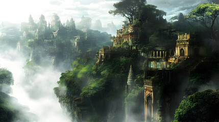 Ancient jungle city nestled on misty cliffs, evoking forgotten civilizations