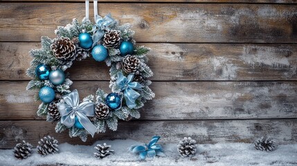 A winter-themed wreath crafted from frosted pinecones, icy blue ornaments, and silver ribbons, elegantly placed on a rustic wooden wall
