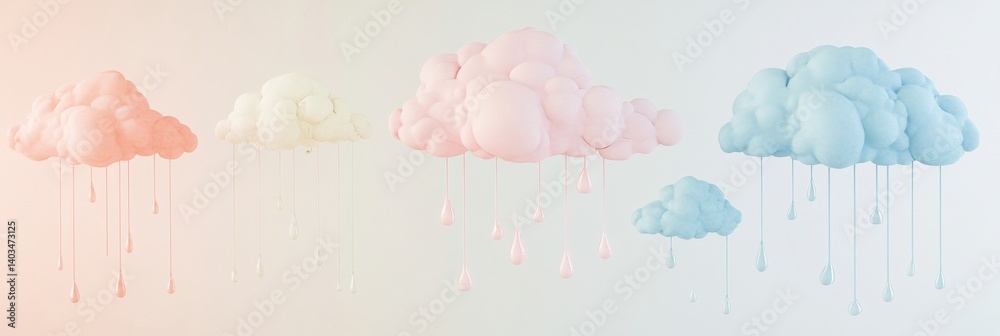 Poster Soft pastel clouds with gentle raindrops on a neutral background create a serene and calming atmosphere suitable for various creative applications