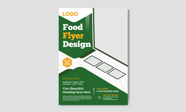 Modern and minimalist A4 size food flyer restaurant Vector template design. Marketing social media post. multiple food new menu design. New clean food  flyer  design with abstract shapes.