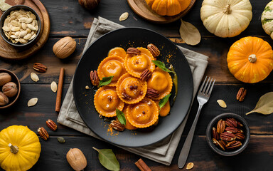 Autumn Pumpkin Ravioli Dish Warm Spices Cozy Fall Food Black Plate Soft Lighting