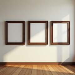 Three rustic wooden picture frames, warm lighting, hardwood floors , golden, home staging