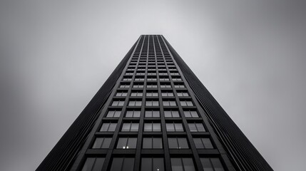 A tall black skyscraper with many windows.