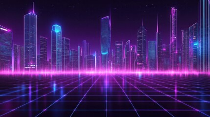 Futuristic city skyline with glowing neon lights at night time