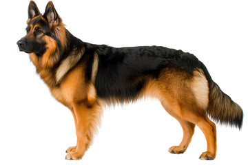 German Shepherd dog standing gracefully, showcasing its beautiful coat and attentive demeanor, isolated on a white background.
