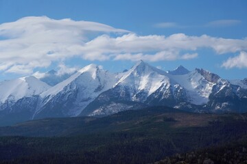 Panorama of High Tatras covered by snow from around village Lapszanka, Spisz, Lesser Poland, Poland