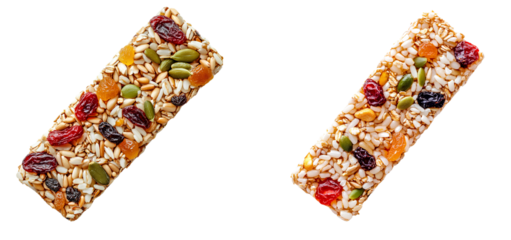 Cereal bar with rice seeds and dried fruit isolated on a transparent background PNG