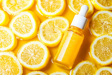 Citrus Serum Bottle Immersed in Lemon Slices: Vibrant Skincare Product
