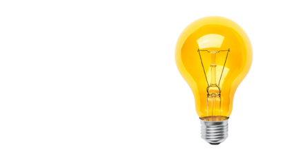 Illuminated yellow light bulb on white isolated background, symbolizing ideas and innovation.