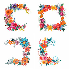 Four decorative floral wreaths in the shapes of letters.