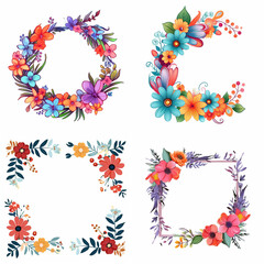 Four vibrant floral wreaths and decorative borders.