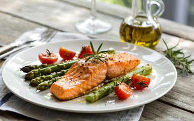 Delicious grilled salmon with asparagus and cherry tomatoes healthy summer recipe vibrant colors