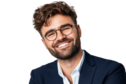 Smiling man with curly hair and glasses, wearing a suit, isolated on white background.