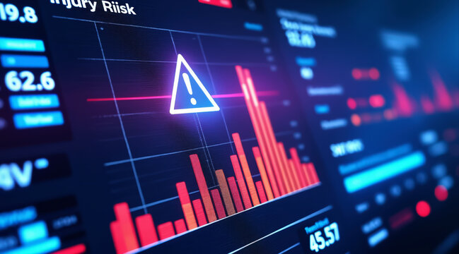 A digital display shows a warning symbol alongside fluctuating data graphs, emphasizing injury risk in a high-tech environment.