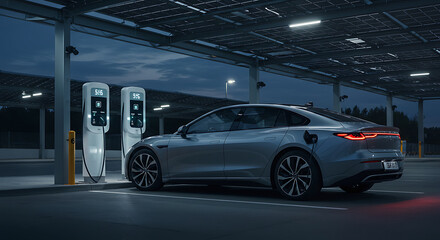 Electric car charging at a solar-powered station under a canopy at twilight.