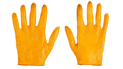 Yellow rubber gloves on a white background, ideal for cleaning or industrial use.