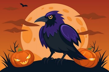 Fototapeta premium A cartoon crow perched between two pumpkins against a backdrop of a full moon and orange sky