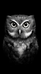 Intense black and white close up portrait owl staring directly
