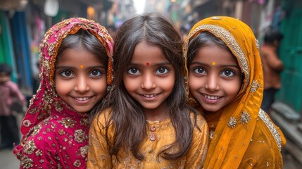 Three Smiling Girls in India, A Vibrant Portrait of Childhood Joy and Cultural Heritage