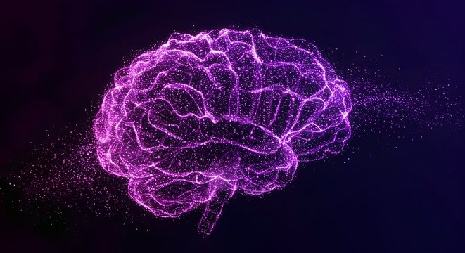 A stunning digital representation of a brain formed by glowing purple particles against a dark gradient background, illustrating futuristic technology