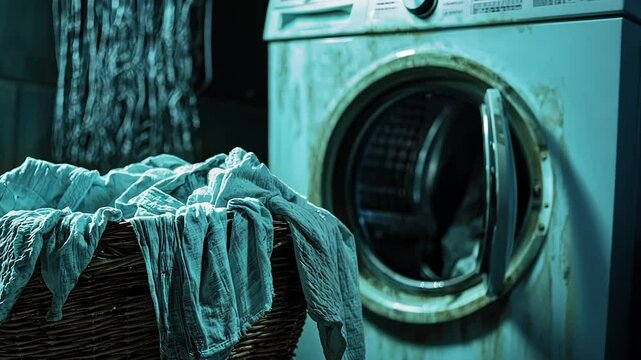 Dirty laundry in a wicker basket beside a soiled washing machine
