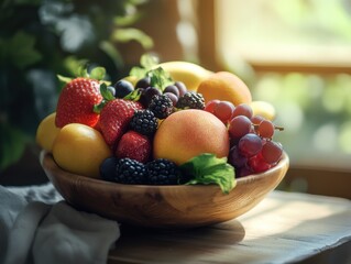 Fresh fruit bowl in rustic wooden container, soft morning light