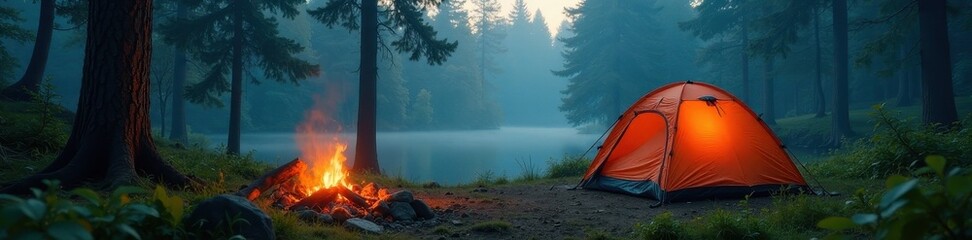 Misty forest clearing, serene campsite, crackling fire, tent , misty, light, backdrop