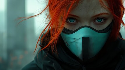Red hair cyberpunk woman with mask digital art portrait futuristic character concept art illustration 