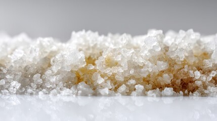 Close-up view of coarse sea salt on a smooth surface.