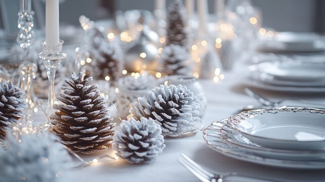 An elegant winter-themed dining table setting with frosted pinecones, white and silver accents, delicate fairy lights, and an assortment of
