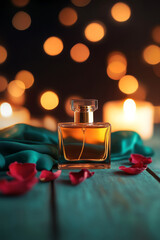 Romantic perfume bottle with rose petals creates dreamy, sensual scene