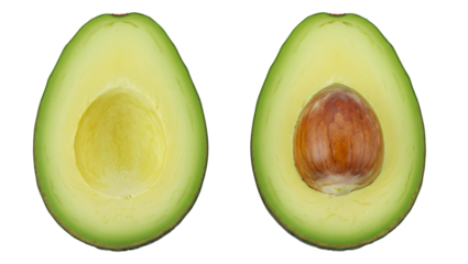 Two halves of a ripe avocado are presented on a transparent background, one half showcasing the creamy, vibrant green flesh and the other revealing the large, brown seed