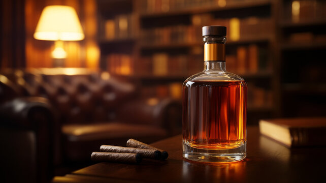 Bottle and library exude sophistication and timeless knowledge on display