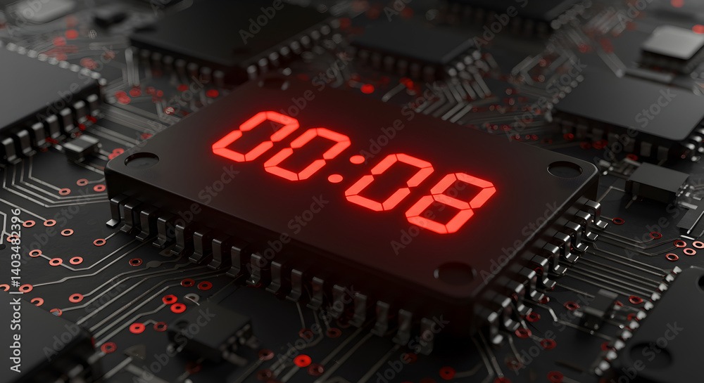 Poster macro shot of black computer chip with red digital time display on a circuit board