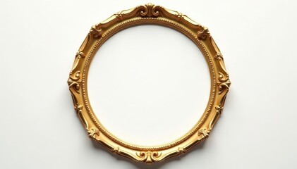 Fototapeta premium Elegant gold round frame, ornate detailing, white background, baroque, ornate