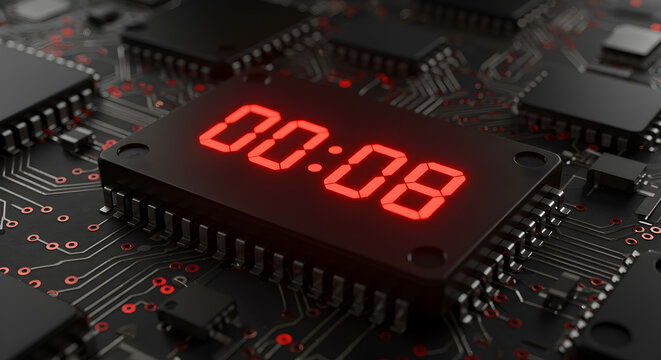 Macro Shot of Black Computer Chip with Red Digital Time Display on a Circuit Board