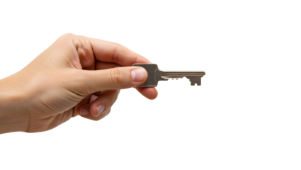 Woman's hand holding a metal key, isolated against a transparent background, representing concepts of real estate and security, perfect for themes of home ownership and access