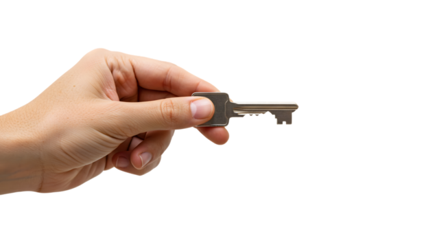 Woman's hand holding a metal key, isolated against a transparent background, representing concepts of real estate and security, perfect for themes of home ownership and access