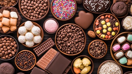 Assortment of Chocolate Candies and Sweets on Dark Wooden Background