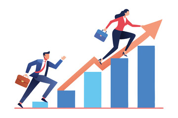 Fototapeta premium Businesswoman & Businessman Climb Growing Chart Arrow on White Background