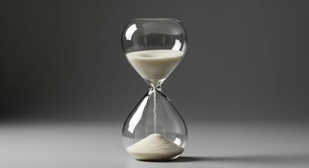 Hourglass Filled with White Sand on Gray Background Representing Passing Time and Deadlines
