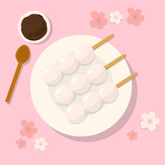 Ilustration vector ofTraditional Japanese dessert Dango. Hanami Dango dessert on a plate. Design element for banner, poster, restaurant menu. Vector illustration, 