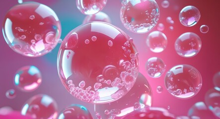 Abstract pink bubbles background with liquid spheres and transparent orbs for cosmetic product ads