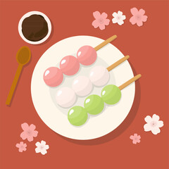 Vector ilustration of Traditional Japanese dessert Dango. Hanami Dango dessert on a plate. Design element for banner, poster, restaurant menu. Vector illustration