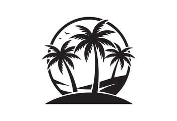 Tropical beach scene with palm trees and a circular design