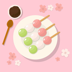 Traditional Japanese dessert Dango in the plate,Hanami Dango dessert on a plate. Design element for banner, poster, restaurant menu. Vector illustration 