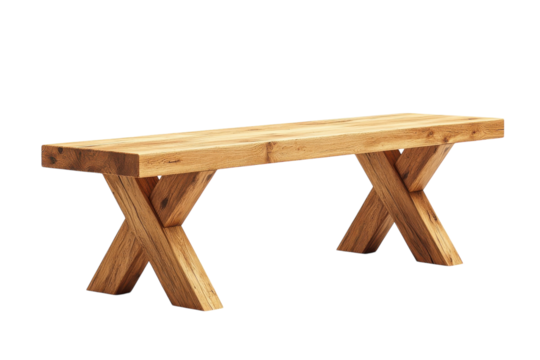 Rustic wooden bench with X shaped base perfect for outdoor settings showcasing natural wood grain