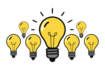 Cartoon Light Bulbs on White Background Ideas and Innovation Concept Art