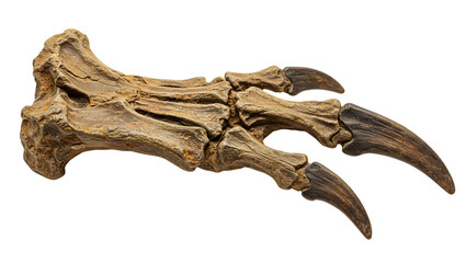  A fossilized dinosaur claw with sharp, curved nails and visible bone structure.