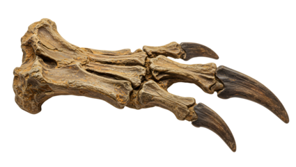  A fossilized dinosaur claw with sharp, curved nails and visible bone structure.